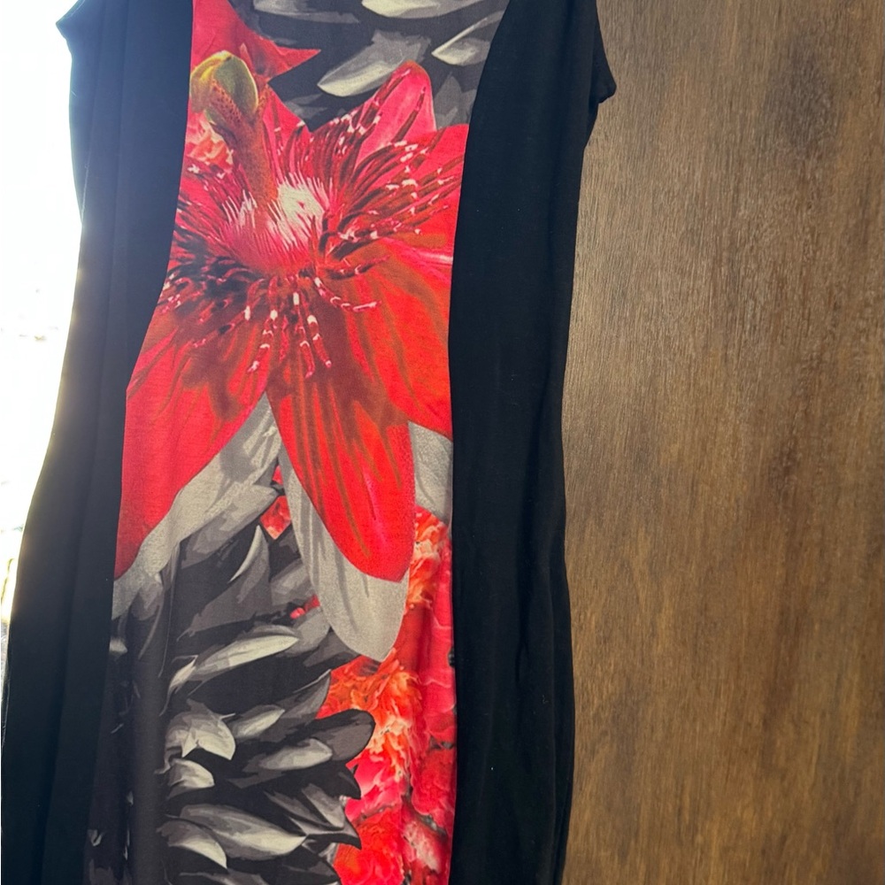 Black Dress with Bold Red Floral Panel